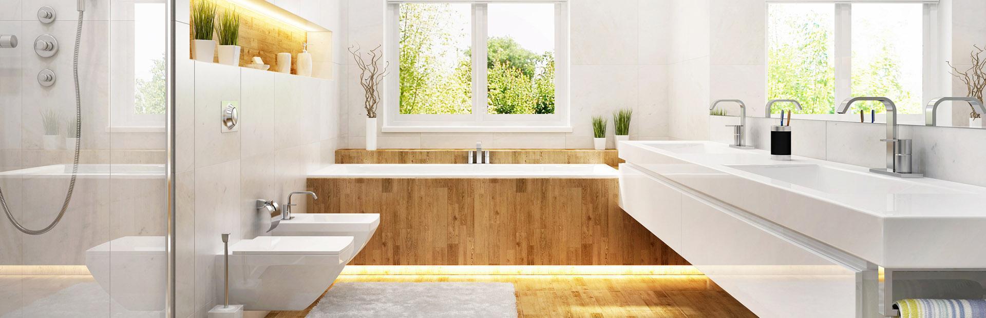 Biała łazienka z drewnianą podłogą i zabudowaną wanną Slajd 3